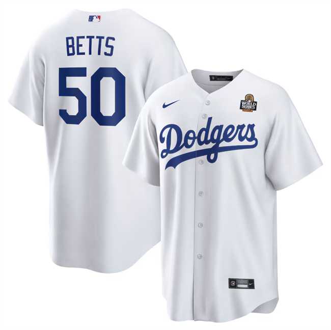 Mens Los Angeles Dodgers #50 Mookie Betts White 2024 World Series Cool Base Stitched Jersey Dzhi